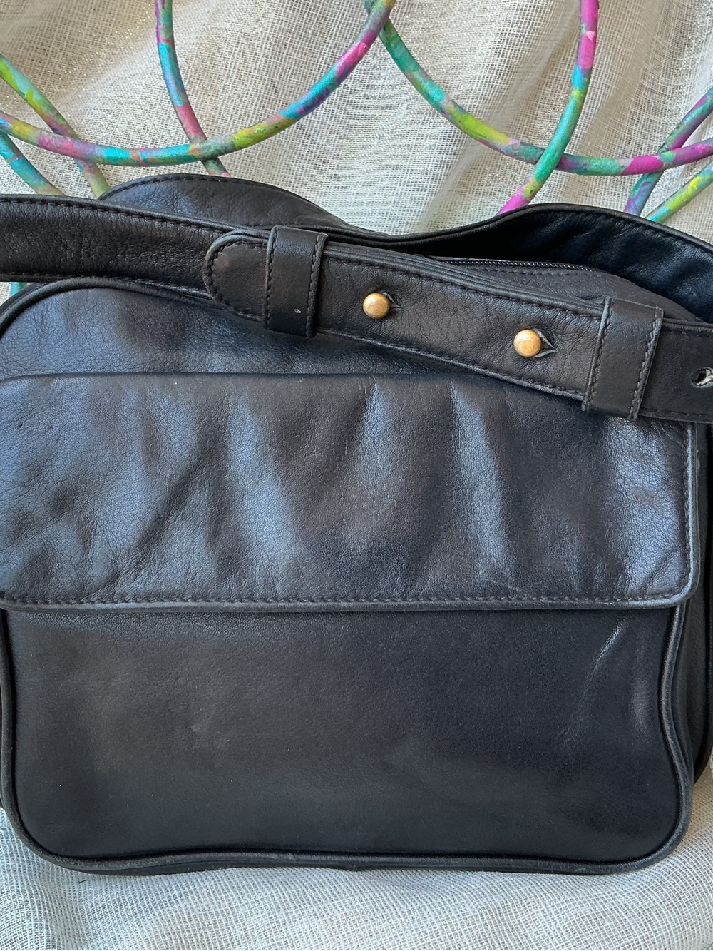 Donna Karan Black Leather Cross body bag with long shoulder strap & Gold Accents